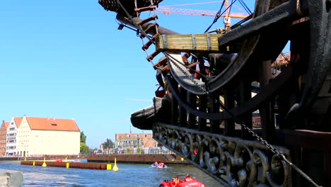 Close-up-shot-of-the-exterior-of-the-pirate-boat-docked-in-Gdansk-Poland