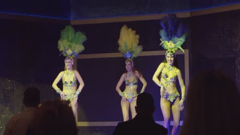 Gruppe-Brasilianischer-Frauen-In-Kostümen,-Die-Während-Der-Nachtshow-Im-Casino-Auf-Der-Bühne-Tanzen-Und-Auftreten