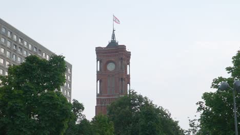 City-Town-Hall-Clock-Tower-in-Downtown-Berlin,-Germany---Low-Angle-with-Copy-Space