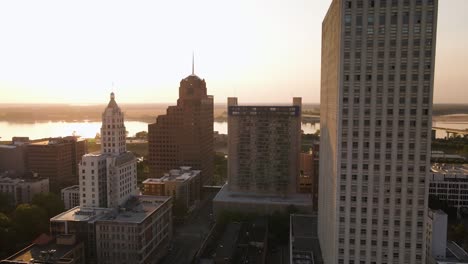 Flying-around-Downtown-Memphis-Skyline-at-Sunset-4K