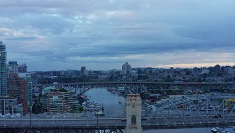 Vancouver-Bridge-Drone-Aerial-Shot-during-sunset-over-Bay-Skyline---British-Columbia,-Canada