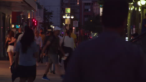 People-crowd-walking-in-busy-Zeil-street-in-Frankfurt-at-night,-static