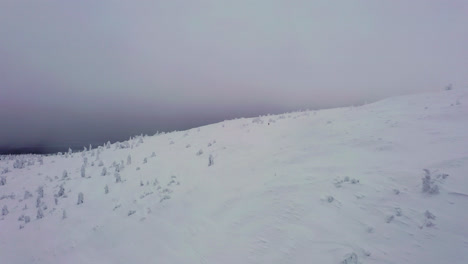 Aerial-view-over-the-snowy-tunturi-mountain,-gloomy-winter-day,-in-Lapland