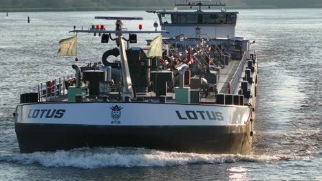 Close-frontal-aerial-of-tanker-ship-Lotus-on-river-in-the-Netherlands