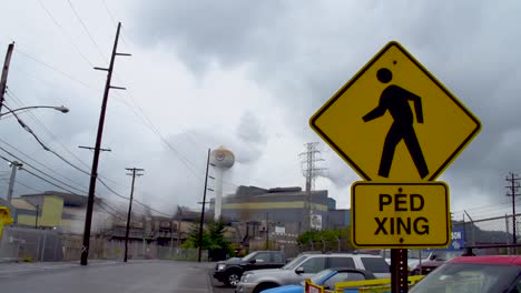 Crossing-pedestrian-sign-outside-US-Steel-Edgar-Thomson-Steel-Plant-in-Braddock,-Pennsylvania