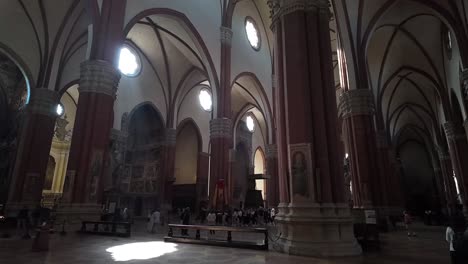 Catholic-church-in-Bologna,-Italy-during-mass-worship,-religious-design