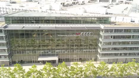 Aerial-View-Main-entrance-Of-Audi-Factory-Building-In-Ingolstadt,-Germany