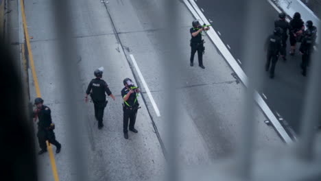 Police-on-the-110-highway-point-rubber-bullet-rifles-at-BLM-protesters-on-an-overpass