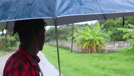 Primer-Plano-De-Un-Joven-De-Tez-Oscura-Con-Paraguas-Azul-De-Pie-Bajo-La-Lluvia-Cerca-Del-Césped-Con-árboles-En-La-Calle