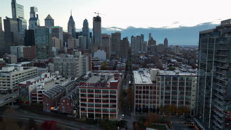 Aerial-of-Phila-city-skyline-at-dawn