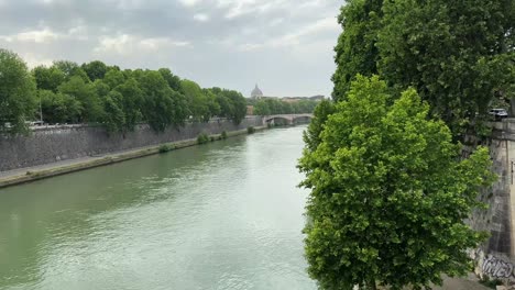 Green-Trees-Lining-The-Stone-Walls-Of-The-Tiber-River-In-Rome,-Italy