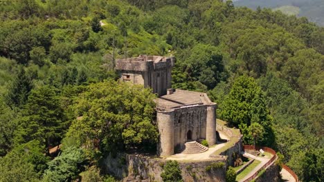 Aerial-View-Over-Sobroso-Castle-In-Galicia,-Spain---Drone-Shot