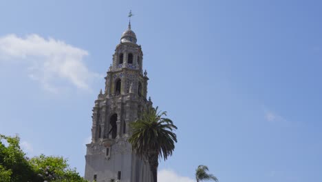 The-California-Tower,-a-historic-landmark-in-Balboa-Park,-rises-majestically-against-the-blue-sky,-symbolizing-the-rich-cultural-and-architectural-heritage-of-San-Diego