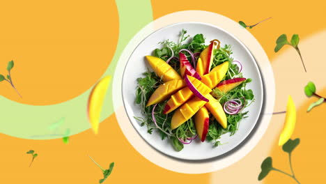 Mangosalat-Mit-Mikrogrünblättern-Und-Zwiebeln---Auf-Einem-Weißen-Teller.-Animations-Intro-Für-Werbung-Oder-Marketing-Von-Restaurants-Mit-Mikrogrün,-Das-In-Der-Luft-Fliegt---Preisschild-Oder-Verkauf