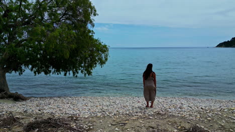 Mujer-Morena-Mirando-El-Hermoso-Mar-Virgen-Playa-Rocosa-Zakynthos-Grecia