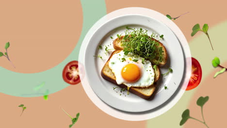 Frühstückseier-Auf-Toast-Und-Mikrogrün-Obenauf---Auf-Einem-Weißen-Teller,-Animations-Intro-Für-Werbung-Oder-Marketing-Von-Restaurants,-Wobei-Die-Zutaten-Des-Gerichts-Durch-Die-Luft-Fliegen---Preisschild-Oder-Verkauf