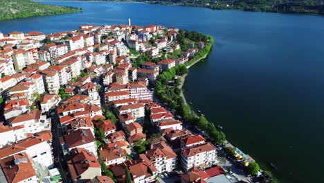 Kastoria-Greece,-Lake-Orestiada-region-Macedonia,-aerial-city-buildings-orange-roof