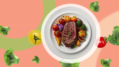 Gegrilltes-Steak-Mit-Tomaten,-Roten-Zwiebeln-Und-Brokkoli---Auf-Einem-Weißen-Teller.-Animations-Intro-Für-Werbung-Oder-Marketing-Von-Restaurants-Mit-Mikro-Zutaten,-Die-Durch-Die-Luft-Fliegen---Preisschild-Oder-Verkauf