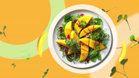 Mangosalat-Mit-Mikrogrünblättern-Und-Soße---Auf-Einem-Weißen-Teller.-Animations-Intro-Für-Werbung-Oder-Marketing-Von-Restaurants-Mit-Mikrogrün,-Das-Durch-Die-Luft-Fliegt---Preisschild-Oder-Verkauf