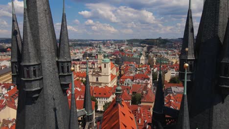 Aerial-drone-footage-showcasing-the-impressive-Tyn-Church-in-Prague,-with-a-fly-through-between-its-spires,-providing-an-immersive-perspective-of-this-historic-landmark-and-the-surrounding-cityscape