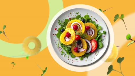 Pineapple-salad-with-strawberries,-blueberries-and-micro-green-leaves---on-a-white-plate-Animation-intro-for-advertising-or-marketing-restaurants-with-micro-green-flying-in-the-air---price-tag-or-sale