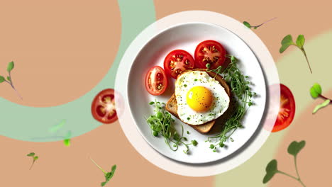 Huevos-De-Desayuno-Sobre-Tostadas-Con-Tomates-Y-Microvegetales-Encima---En-Un-Plato-Blanco,-Introducción-Animada-Para-Publicidad-O-Marketing-De-Restaurantes-Con-Microvegetales-Volando-En-El-Aire---Etiqueta-De-Precio-O-Venta