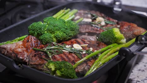 Cooking-beef-on-grill-frying-pan-on-gas-oven,-closeup