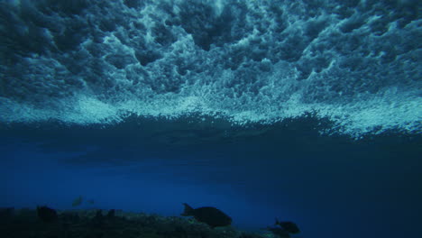 Inclinación-Hacia-La-Superficie-Del-Océano-Bajo-El-Agua-Mientras-La-Ola-Se-Estrella-En-Una-Tormenta-Tumultuosa-Con-Una-Fuerte-Espuma-Que-Refleja-El-Agua.