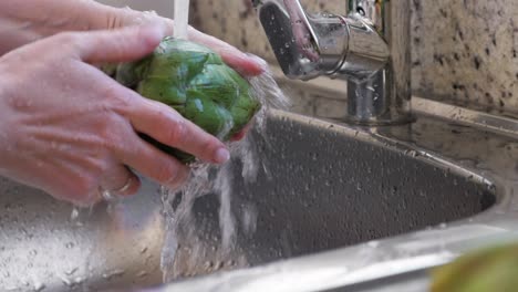 Woman-washing-artichokes-in-stainless-steel-sink-with-metal-faucet.-Cooking-artichokes-at-kitchen