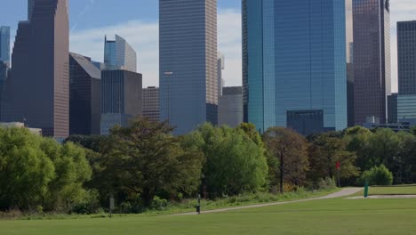 Houston-skyline's-base-behind-trees-on-a-bright-day