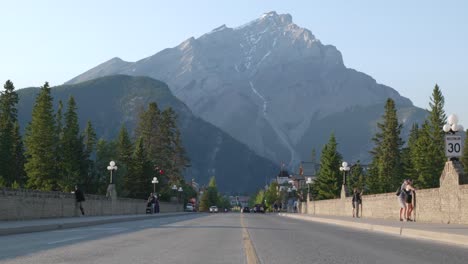 Bow-River-Bridge-Banff-Alberta-Canada,-snowy-Cascade-Mountain,-nature