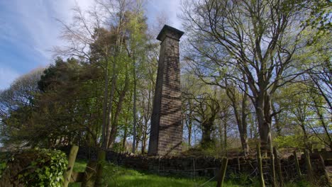 wide-shot-of-a-disused-brick-chimney-at-Lumsdale-waterfalls,-Matlock