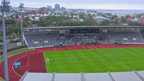 Aerial-of-Laugardalsvollur-soccer-stadium-in-Reykjavik,-home-venue-for-the-Iceland-national-football-team