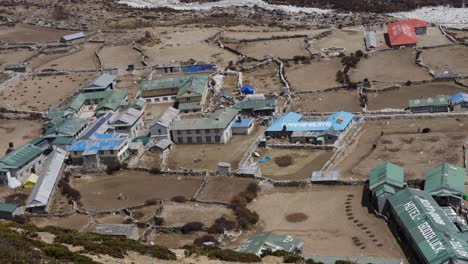 Aerial-top-down-of-Mount-Everest-base-camp-with-hotels-and-buildings-at-sunny-day