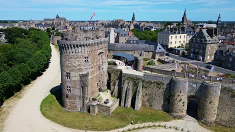 Tracking-aerial-movement-about-the-main-tower-of-the-Dinan-Castle,-Dinan,-France