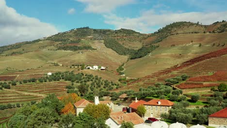 Aerial-tilt-and-tracking-shot-of-Croft-Winery-in-the-Douro-Valley-outside-of-Porto,-Portugal-in-Europe