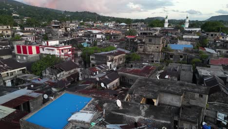 Aerial-view-of-the-stone-buildings-and-complex-cityscape-in-Moroni,-the-capital-city-of-Comoros,-showcasing-the-traditional-architectural-style