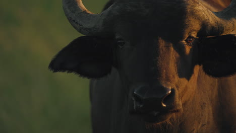 Un-Búfalo-Al-Amanecer-En-Un-Safari-Sudafricano,-Bañado-Por-Una-Luz-Dorada,-Rodeado-Por-La-Serena-Sabana-Africana.