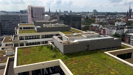 Tilt-up-aerial-of-green-rooftop-houses-and-blocks-in-Hamburg-City-during-sunny-day