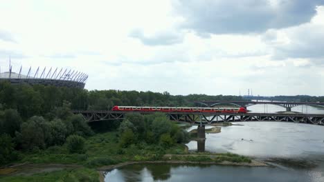 Red-railway-transportation,-national-football-venue,-Srednicowy-bridge