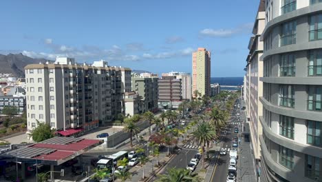 Upward-aerial-view-of-the-city-center-of-Santa-Cruz-de-Tenerife,-in-the-Canary-Islands,-Spain