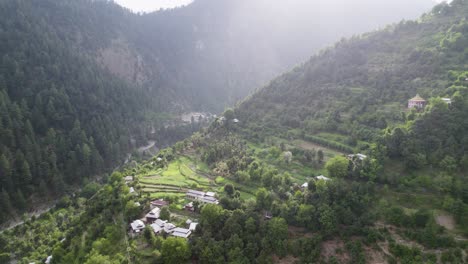 Hermoso-Pueblo-Rodeado-De-Exuberante-Vegetación-Y-Montañas-En-El-Valle-De-Neelum,-Campos-Verdes-Y-Bosques-Densos,-Cachemira-