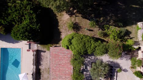 Aerial-shot-overhead-a-villa-owner-walking-through-his-garden-in-France