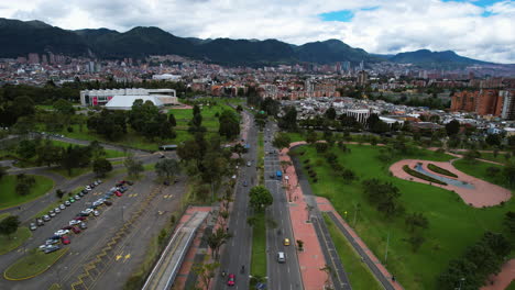 Aerial-view-over-traffic-in-the-Simon-Bolivar-Park,-daytime-in-Bogota,-Colombia