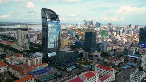 Phnom-Penh-Cambodia-Vattanac-Capital-Skyscraper-tall-modern-building,-aerial