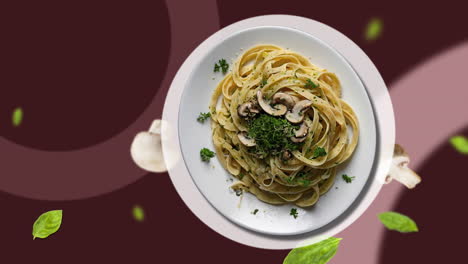 Pesto-Tagliatelle-Mit-Geriebenem-Parmesan,-Pilzen,-Getrockneter-Petersilie,-Schwarzem-Pfeffer,-Zwiebeln-Und-Knoblauch