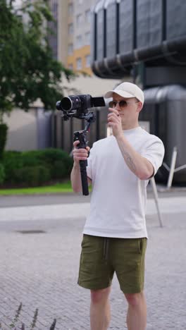 Vertical-shot-of-filmmaker-hold-and-adjust-gimbal-stabilizer-settings