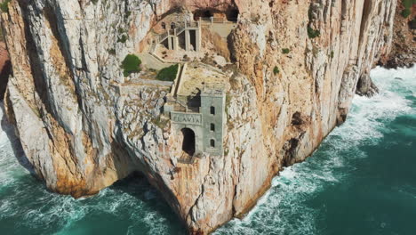 Aerial-View-of-Porto-Flavia:-Historic-Mining-Port-in-Sardinia,-Italy,-Captured-in-Spring