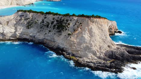 Drone-view-of-white-mountains-of-Lefkada-Island,-Porto-Katsiki-beach-stunning-turquoise-water-landscape