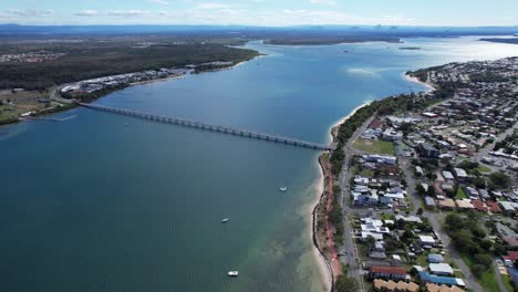 Bongaree-Suburb-With-Bribie-Bridge-In-The-Background,-Moreton-Bay,-Queensland,-Australia